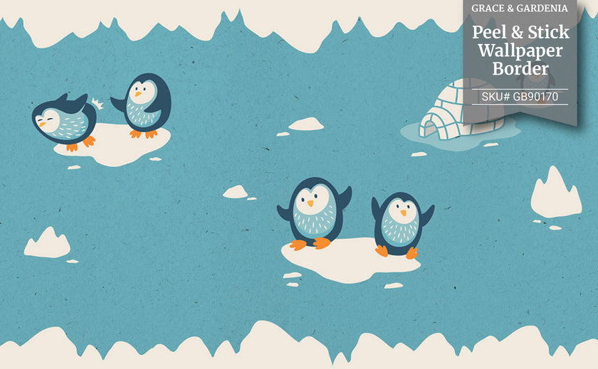 GB90170 Playful Penguins Peel and Stick Wallpaper Border 10in Height x 15ft Long, Blue Beige Orange