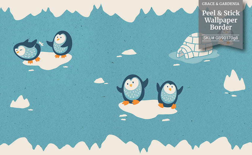 GB90170g8 Playful Penguins Peel and Stick Wallpaper Border 8in Height x 15ft Long, Blue Beige Orange