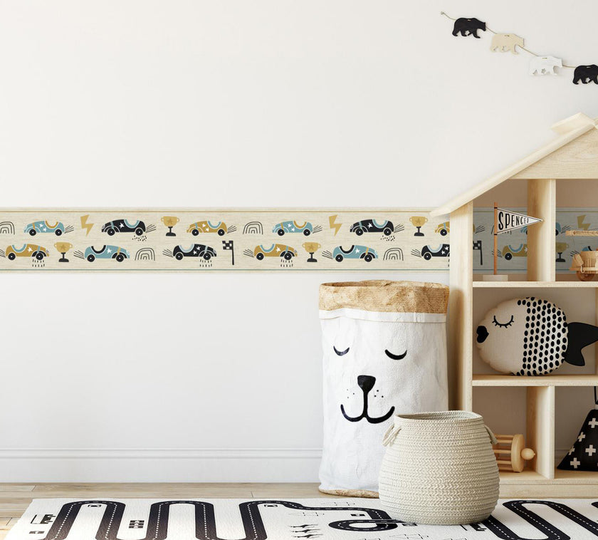 GB90180 Race Cars Peel and Stick Wallpaper Border 10in Height x 15ft Long, Tan Blue Black White