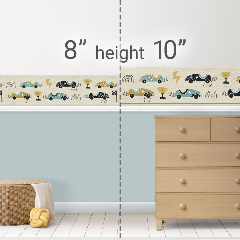 GB90180g8 Race Cars Peel and Stick Wallpaper Border 8in Height x 15ft Long, Tan Blue Black White