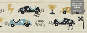 GB90180 Grace & Gardenia Race Cars Peel and Stick Wallpaper Border 10in or 8in Height x 15ft Long, Tan Blue Black White
