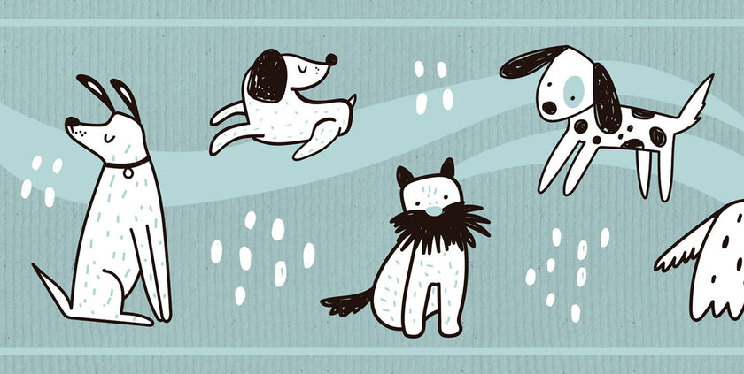 GB90190 Hand Drawn Dogs Peel and Stick Wallpaper Border 10in or 8in Height x 15ft Long, Teal Blue White Black