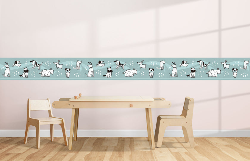 GB90190 Hand Drawn Dogs Peel and Stick Wallpaper Border 10in Height x 15ft Long, Blue White Black