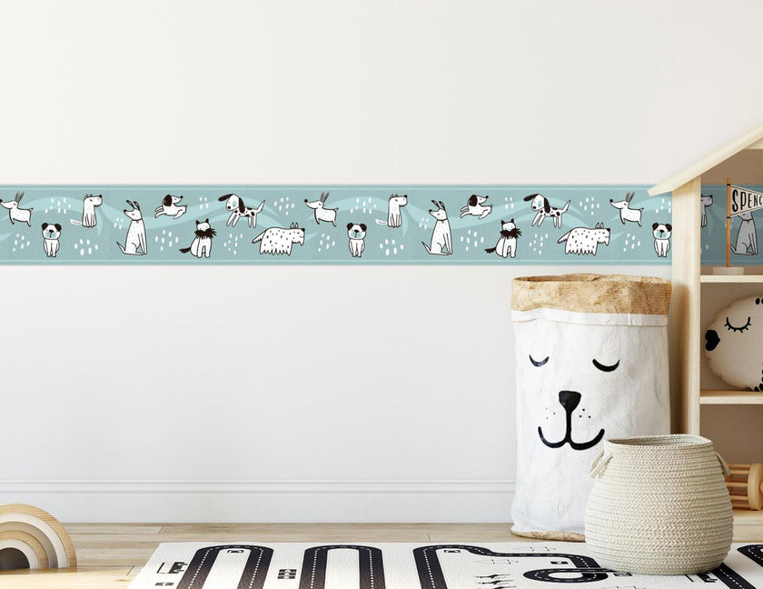 GB90190g8 Hand Drawn Dogs Peel and Stick Wallpaper Border 8in Height x 15ft Long, Blue White Black