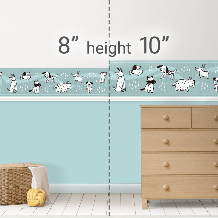 GB90190g8 Hand Drawn Dogs Peel and Stick Wallpaper Border 8in Height x 15ft Long, Blue White Black