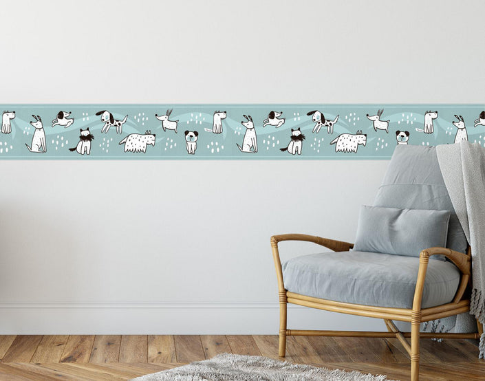 GB90190 Hand Drawn Dogs Peel and Stick Wallpaper Border 10in or 8in Height x 15ft Long, Teal Blue White Black