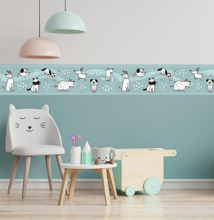 GB90190 Hand Drawn Dogs Peel and Stick Wallpaper Border 10in or 8in Height x 15ft Long, Teal Blue White Black