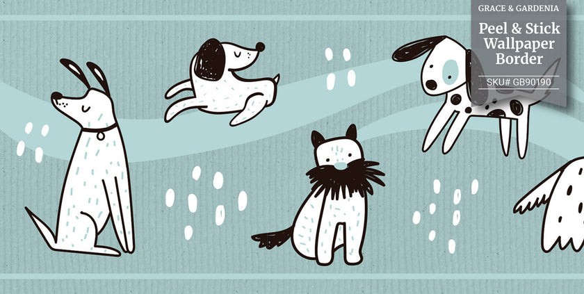 GB90190 Hand Drawn Dogs Peel and Stick Wallpaper Border 10in Height x 15ft Long, Blue White Black