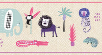GB90200g8 Grace & Gardenia Safari Animals  Peel and Stick Wallpaper Border 8in Height x 18ft Long, Pink Purple Beige