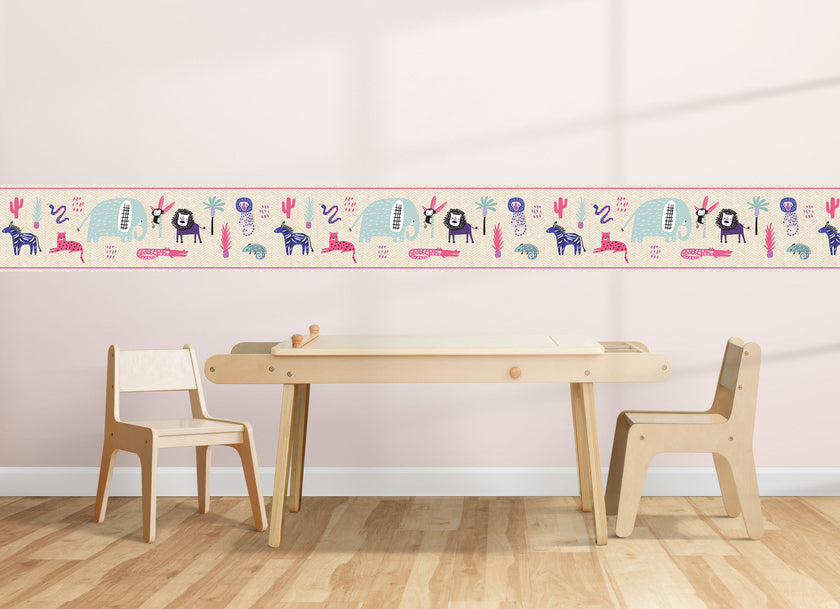 GB90200g8 Safari Animals Peel and Stick Wallpaper Border 8in Height x 15ft Long, Pink Purple Beige