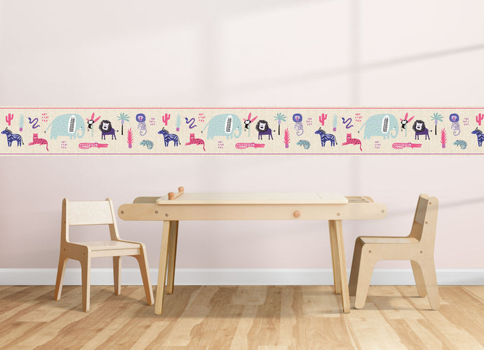GB90200 Safari Animals Peel and Stick Wallpaper Border 10in Height x 15ft Long, Pink Purple Beige