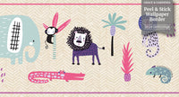 GB90200g8 Grace & Gardenia Safari Animals  Peel and Stick Wallpaper Border 8in Height x 18ft Long, Pink Purple Beige