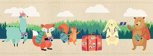 GB90210 Traveling Forest Animals Peel and Stick Wallpaper Border 10in or 8in Height x 15ft Long, Beige Green Orange Brown