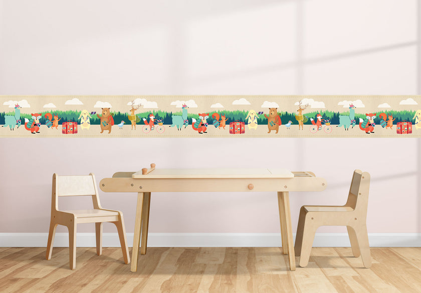 GB90210g8 Traveling Forest Animals Peel and Stick Wallpaper Border 8in Height x 15ft Long, Beige Green Orange Brown