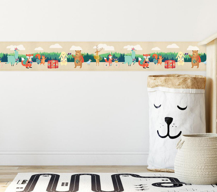 GB90210 Grace & Gardenia Traveling Forest Animals Peel and Stick Wallpaper Border 10in Height x 15ft Long, Beige Green Orange Brown