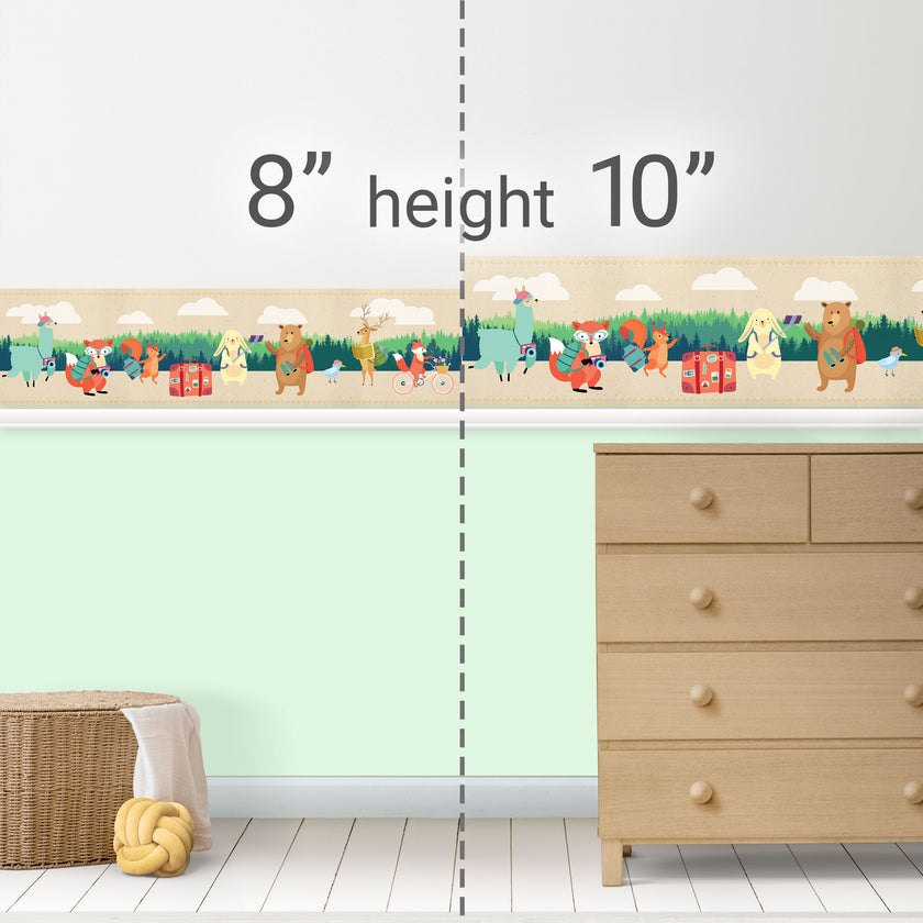 GB90210 Grace & Gardenia Traveling Forest Animals Peel and Stick Wallpaper Border 10in Height x 15ft Long, Beige Green Orange Brown