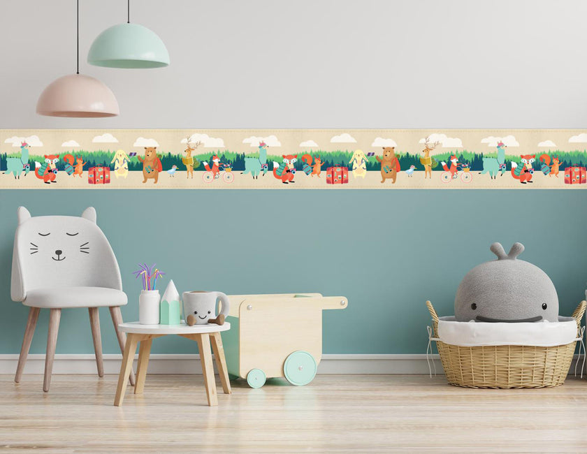 GB90210 Grace & Gardenia Traveling Forest Animals Peel and Stick Wallpaper Border 10in Height x 15ft Long, Beige Green Orange Brown