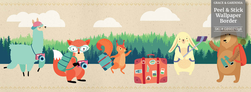 GB90210g8 Traveling Forest Animals Peel and Stick Wallpaper Border 8in Height x 15ft Long, Beige Green Orange Brown