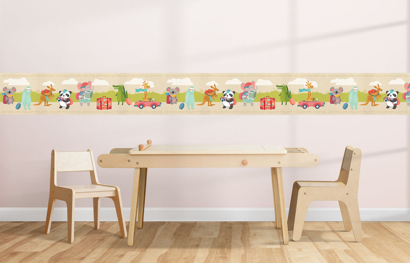 GB90220g8 Traveling Safari Animals Peel & Stick Wallpaper Border 8in H x 15ft L Tan Green Red Multicolor