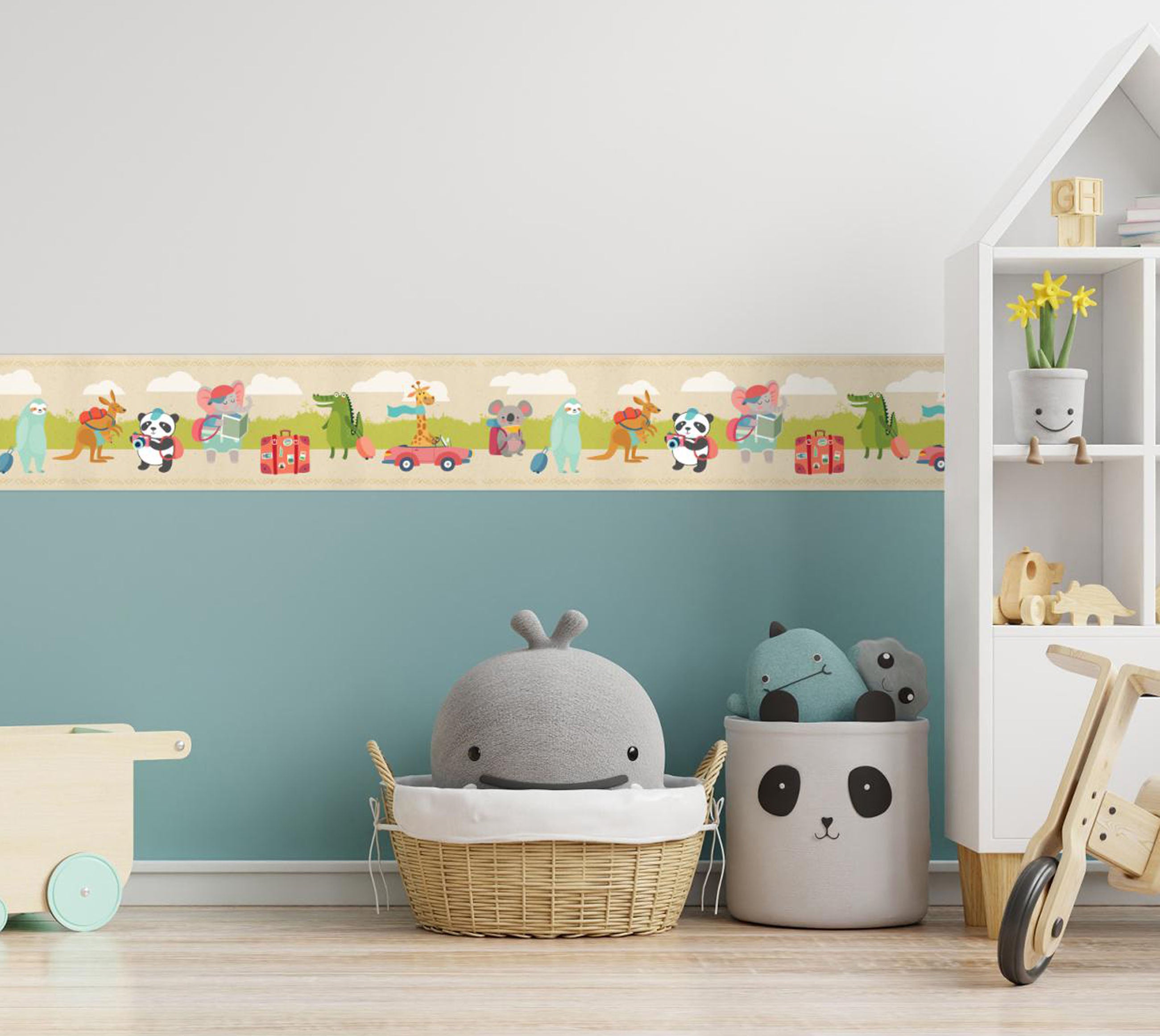 Children's wallpaper boarder with cute animals traveling in blue, green, gray and brown. Wallpaper border is in a kids room setting.