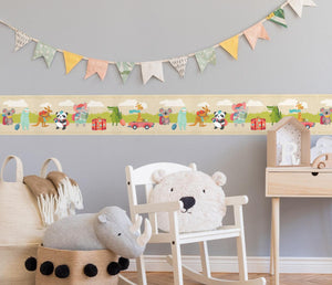 GB90220 Traveling Safari Animals Peel & Stick Wallpaper Border 10in Height x 15ft Long, Beige Green Aqua