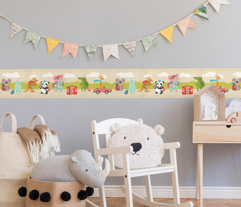 GB90220 Traveling Safari Animals Peel & Stick Wallpaper Border 10in Height x 15ft Long, Beige Green Aqua