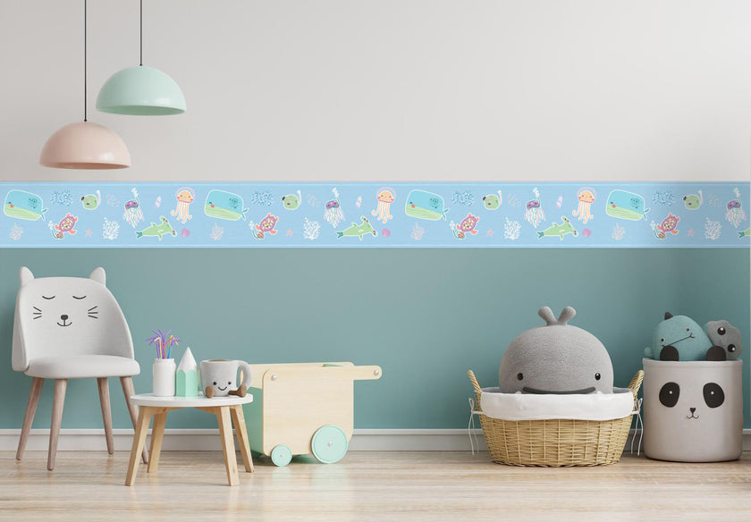 GB90230 Aquatic Scene Peel and Stick Wallpaper Border 10in Height x 15ft Long, Blue Green Purple Orange