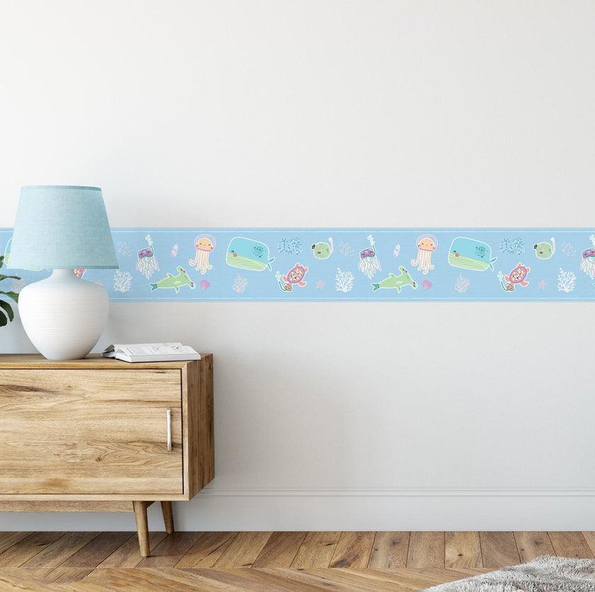 GB90230g8 Aquatic Scene Peel and Stick Wallpaper Border 8in Height x 15ft Long, Blue Green Purple Orange