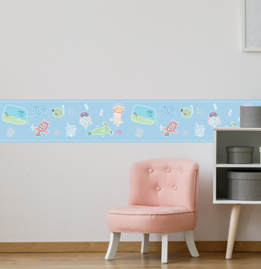 GB90230g8 Aquatic Scene Peel and Stick Wallpaper Border 8in Height x 15ft Long, Blue Green Purple Orange
