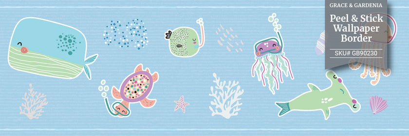 GB90230 Aquatic Scene Peel and Stick Wallpaper Border 10in or 8in Height x 15ft Long, Blue Green Purple Orange