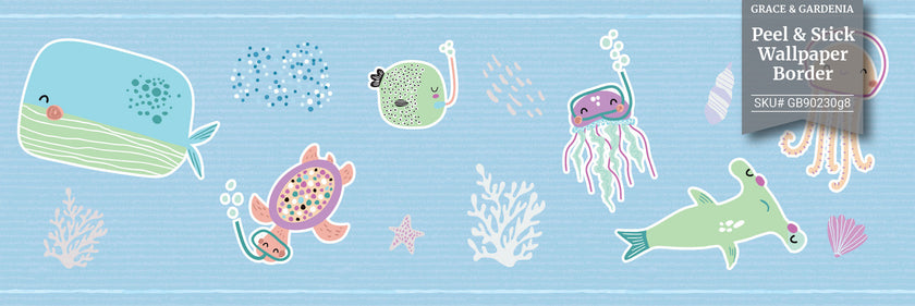 GB90230g8 Aquatic Scene Peel and Stick Wallpaper Border 8in Height x 15ft Long, Blue Green Purple Orange