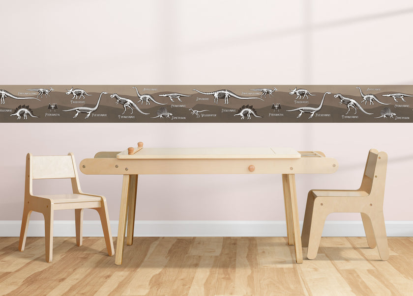 GB90240 X-Ray Dinosaurs Peel and Stick Wallpaper Border 10in Height x 15ft Long, Brown Black White