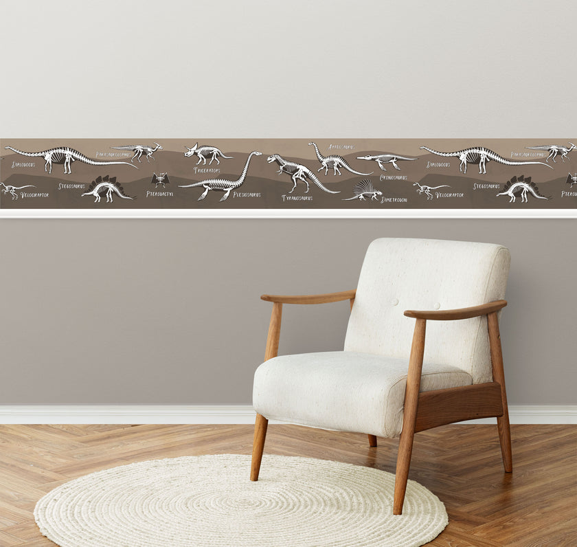 GB90240g8 X-Ray Dinosaurs Peel and Stick Wallpaper Border 8in Height x 15ft Long, Brown Black White