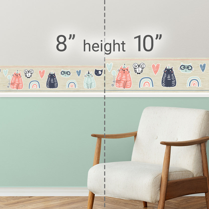 GB90250 Playful Cats Peel and Stick Wallpaper Border 10in or 8in Height x 15ft Long, Pink Green Gray Beige