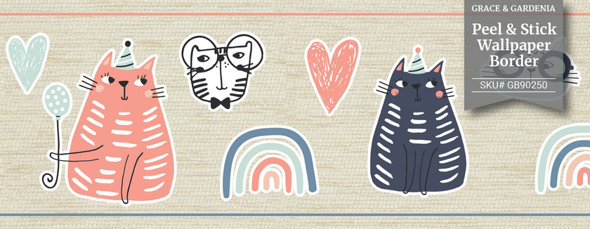 GB90250 Playful Cats Peel and Stick Wallpaper Border 10in or 8in Height x 15ft Long, Pink Green Gray Beige