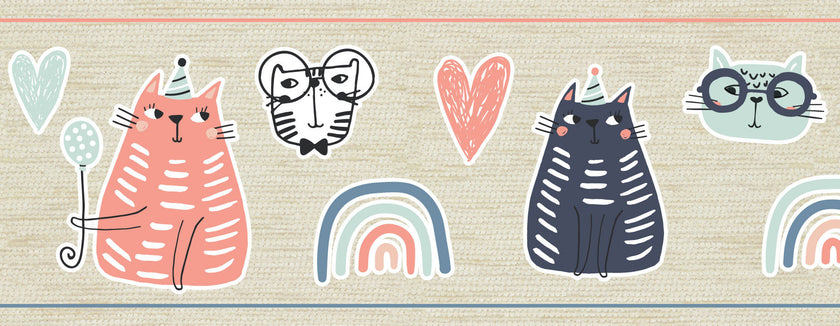 GB90250 Playful Cats Peel and Stick Wallpaper Border 10in or 8in Height x 15ft Long, Pink Green Gray Beige