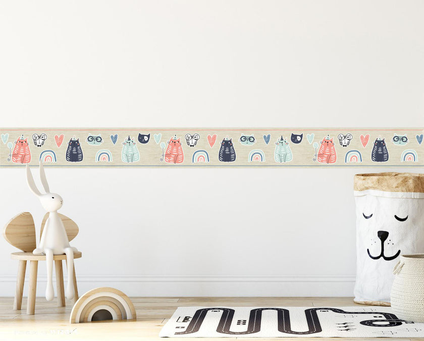GB90250 Playful Cats Peel and Stick Wallpaper Border 10in or 8in Height x 15ft Long, Pink Green Gray Beige