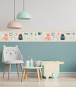 GB90250 Grace & Gardenia Playful Cats Peel and Stick Wallpaper Border 10in or 8in Height x 15ft Long, Pink Green Gray Beige
