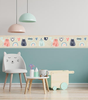 GB90250 Playful Cats Peel and Stick Wallpaper Border 10in Height x 15ft Long, Pink Green Gray Beige