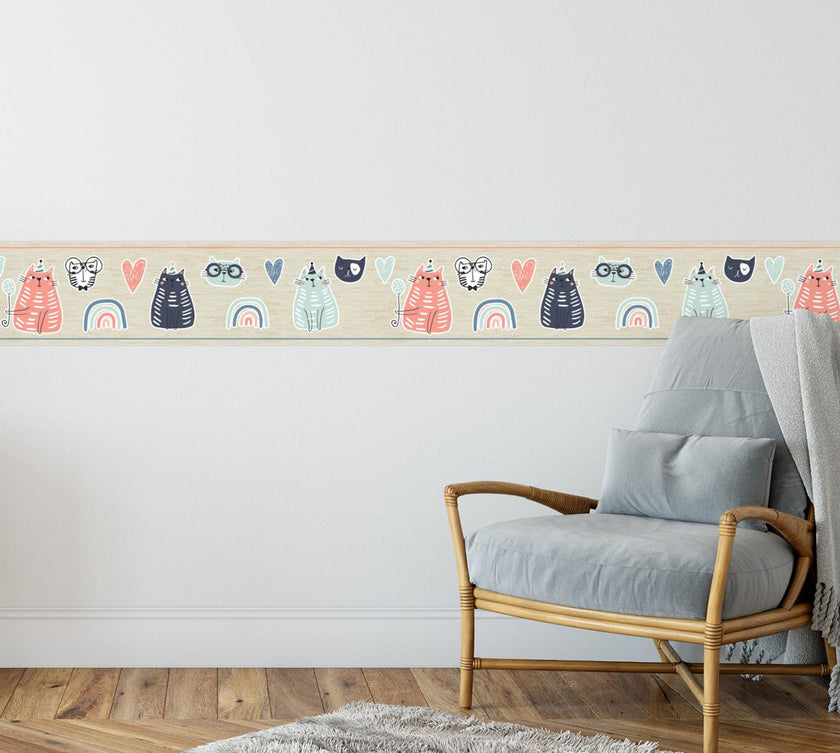 GB90250 Playful Cats Peel and Stick Wallpaper Border 10in or 8in Height x 15ft Long, Pink Green Gray Beige