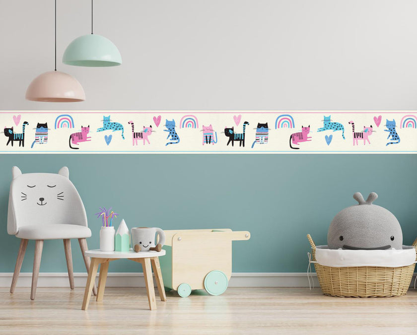 GB90260g8 Colorful Cats Peel and Stick Wallpaper Border 8in Height x 15ft Long, Pink Blue Green Cream