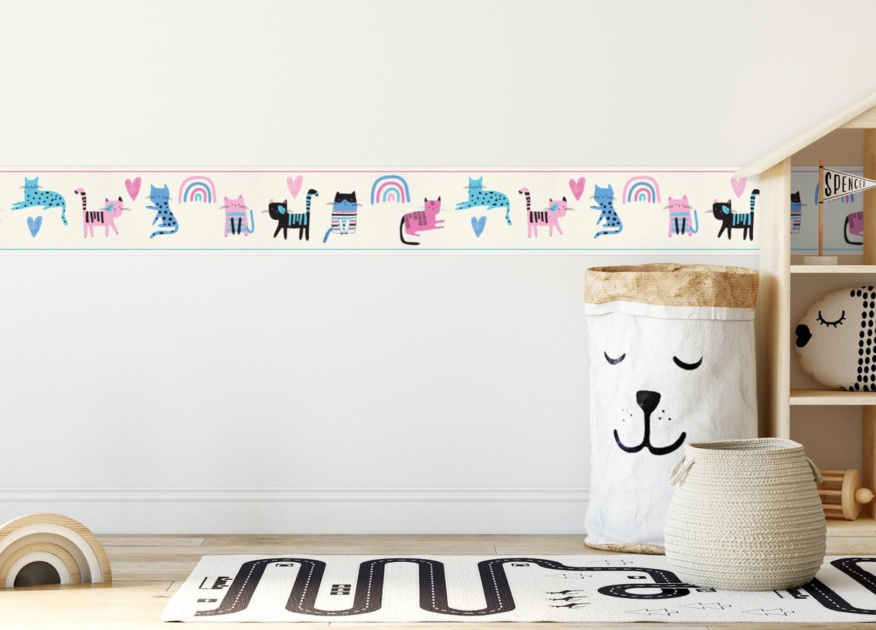 GB90260 Grace & Gardenia Colorful Cats Peel and Stick Wallpaper Border 10in or 8in Height x 15ft Long, Pink Blue Green Cream