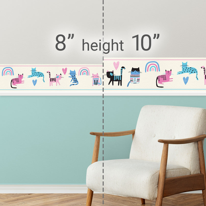 GB90260 Colorful Cats Peel and Stick Wallpaper Border 10in or 8in Height x 15ft Long Pink Blue Green Cream