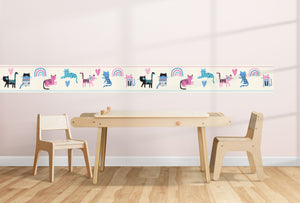 GB90260 Colorful Cats Peel and Stick Wallpaper Border 10in Height x 15ft Long, Pink Blue Green Cream