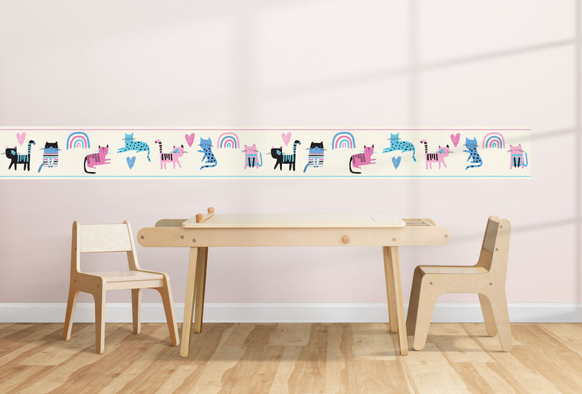 GB90260 Colorful Cats Peel and Stick Wallpaper Border 10in or 8in Height x 15ft Long Pink Blue Green Cream