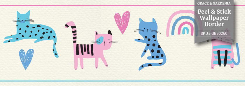 GB90260 Colorful Cats Peel and Stick Wallpaper Border 10in Height x 15ft Long, Pink Blue Green Cream