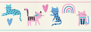 GB90260g8 Grace & Gardenia Colorful Cats Peel and Stick Wallpaper Border 8in Height x 18ft Long, Pink Blue Green Cream