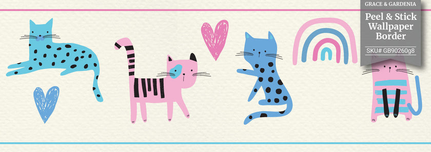 GB90260g8 Colorful Cats Peel and Stick Wallpaper Border 8in Height x 15ft Long, Pink Blue Green Cream