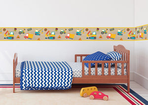 GB90270g8 Construction Zone Peel & Stick Wallpaper Border 8in H x 15ft Long Brown Yellow Blue Black