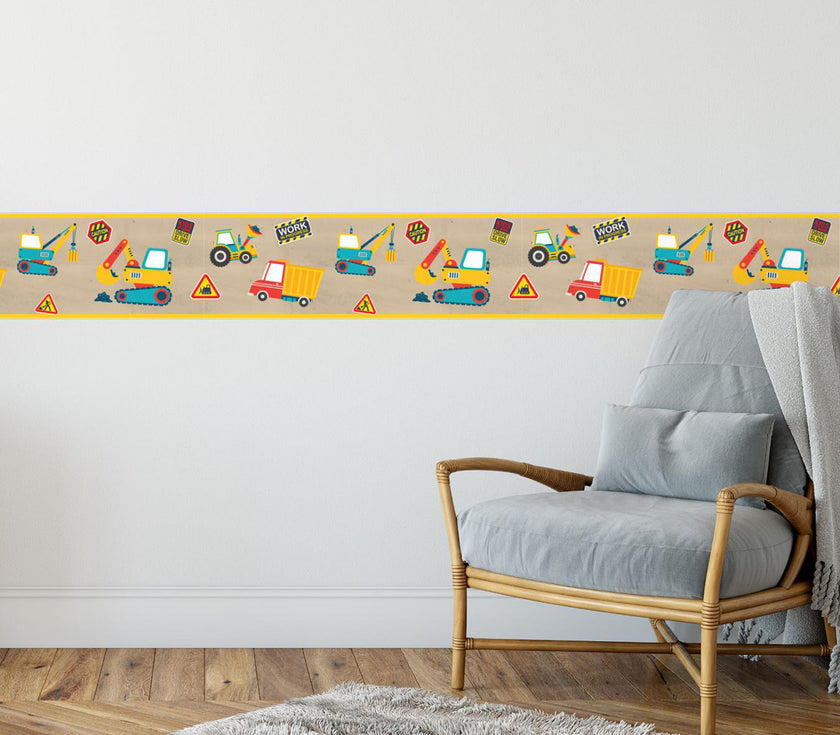 GB90270 Construction Zone Peel & Stick Wallpaper Border 10in H x 15ft L Yellow Red Blue Brown Black